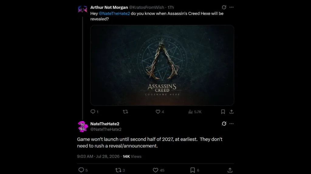 Post di NateTheHate su X che annuncia la data di uscita di Assassin’s Creed Hexe