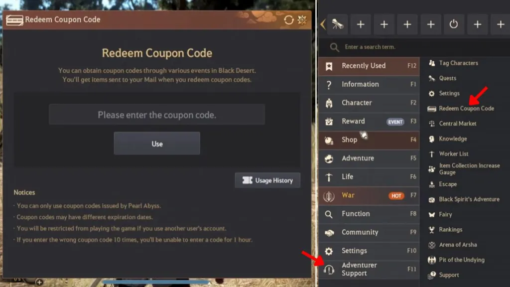 Riscatto dei codici Black Desert Online dal menu di gioco