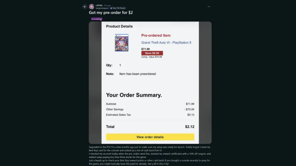 Post Reddit di tangyredapple su preordine GTA 6 a 2 dollari