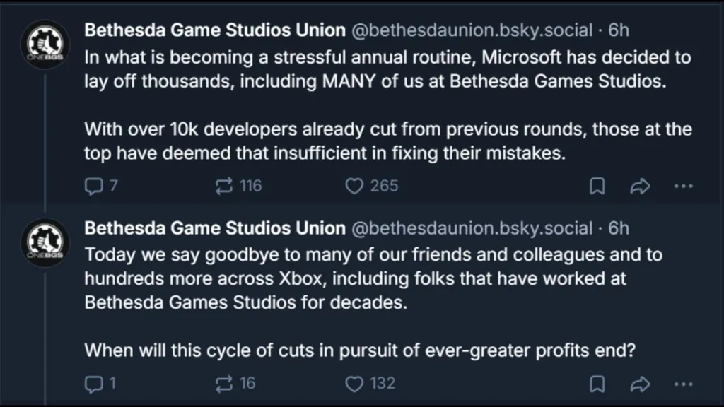 Dichiarazione dell'Unione Bethesda Game Studios sui licenziamenti Xbox