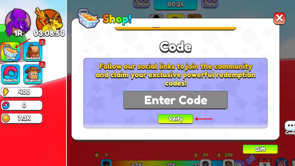 Schermata di sblocco dei codici in Yeet a Brainrot