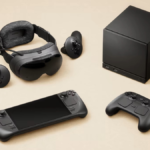 The Steam headset, Steam Machine, Steam Controller, and Steam Deck on a pale background.