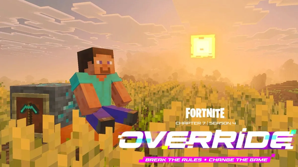 Steve in Minecraft with the logo for Fortnite Chapter 7 Season 4
