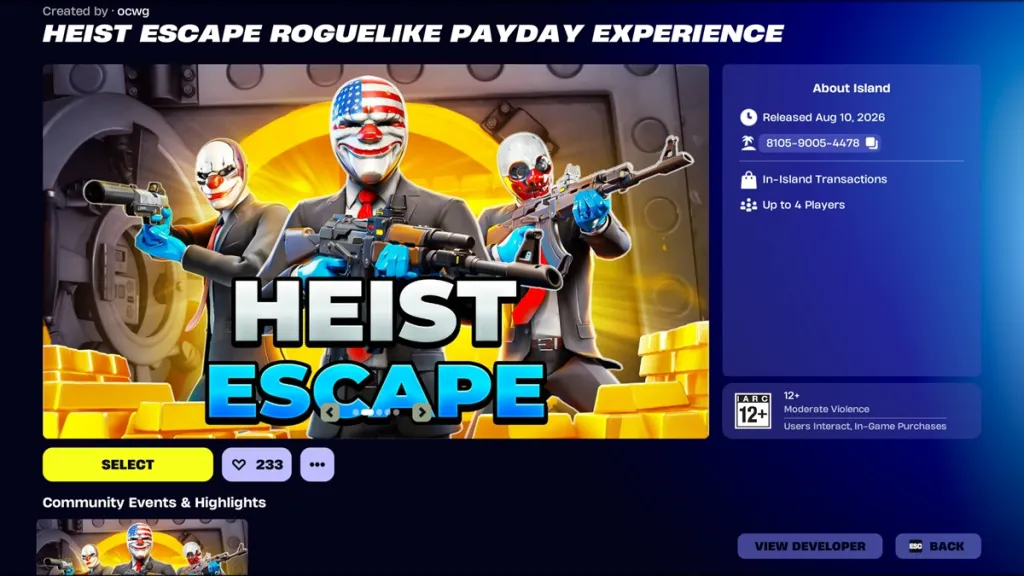 Vista della mappa Heist Escape creata con UEFN per Fortnite
