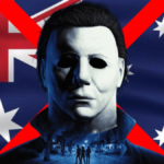Michael Myers from Halloween: The Game at the top, with a red cross behind him along with the Australian flag.