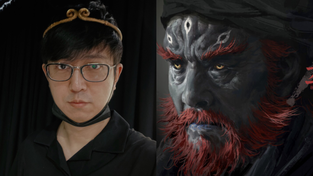 Game Science co-founder Yang Qi (left), Black Myth Zhong Kui asset (right).