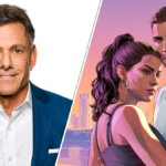 Strauss Zelnick (left), Lucia and Jason hugging in a GTA 6 artwork (right).