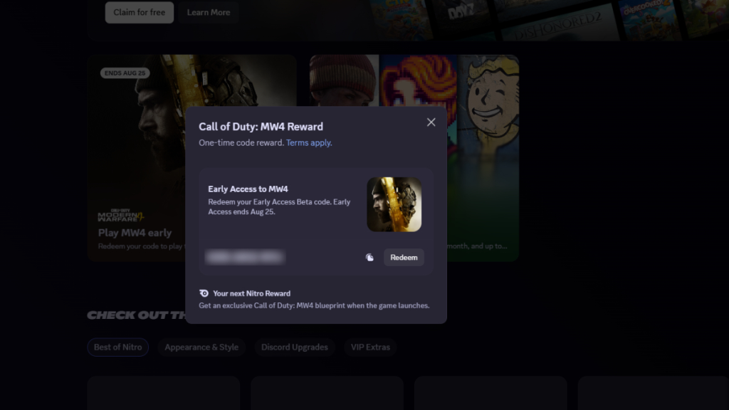 Riscatto del codice beta per Modern Warfare 4 dalla scheda Nitro Home di Discord