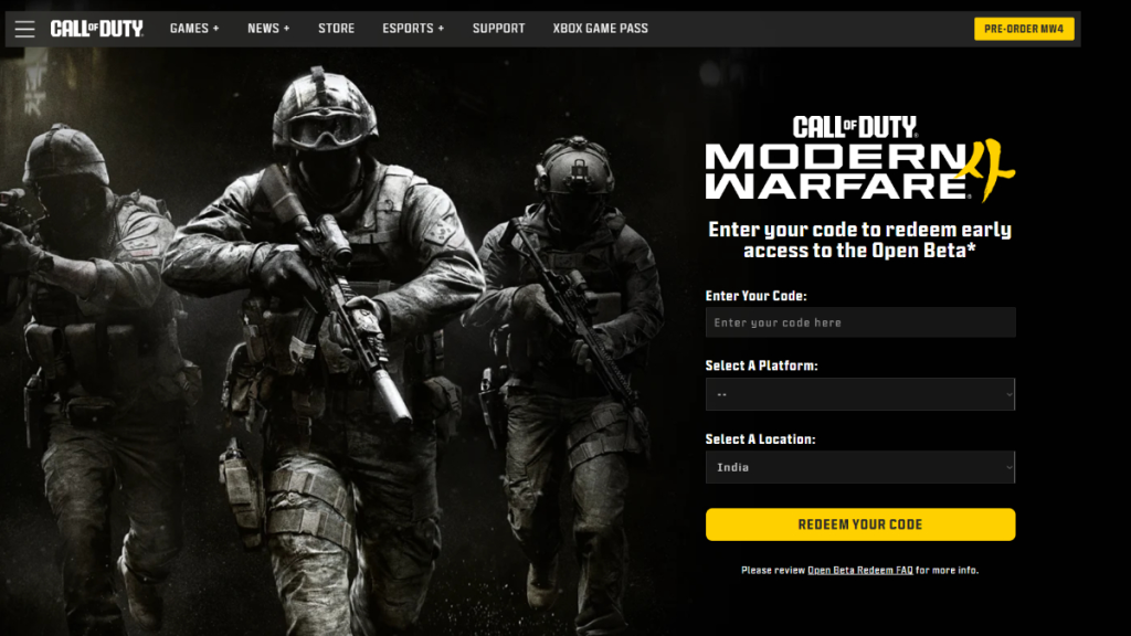 Pagina di redemption di Activision per inserire il codice beta di Modern Warfare 4