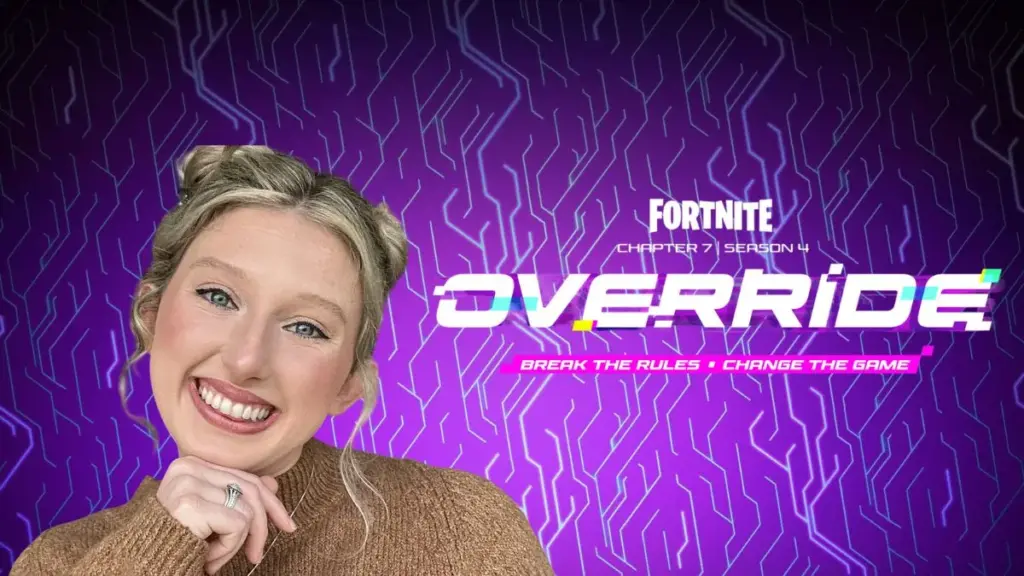 Happy Happy Gal next to a logo for Fortnite Chapter 7 Season 4 Override