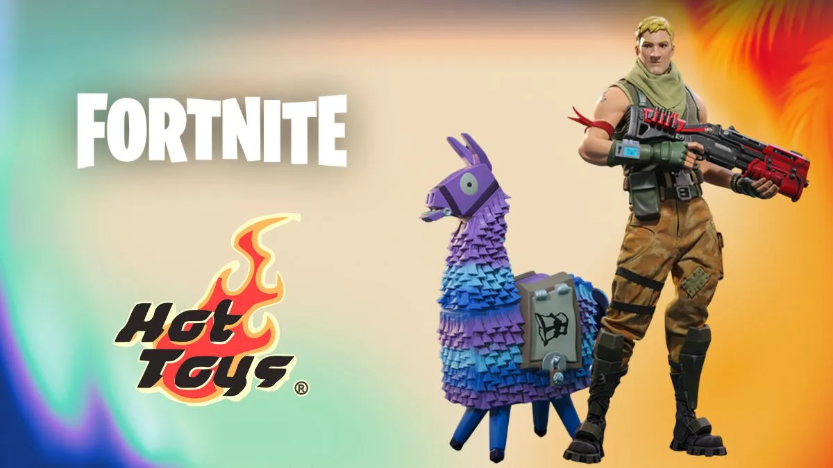 Fortnite Hot Toys logos next a 1/6 figure of Jonesy The First