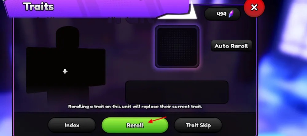 Interfaccia per il reroll dei tratti in Anime Final Strike