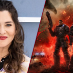 Kelly McCormick at an event (left), Gears of War E-Day promo image featuring Marcus and Dom (right).