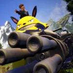 Palworld Player on top of Pal machine gun
