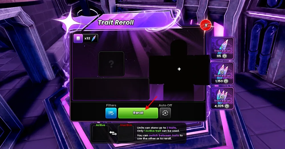 Interfaccia di reroll dei tratti in Anime Origins