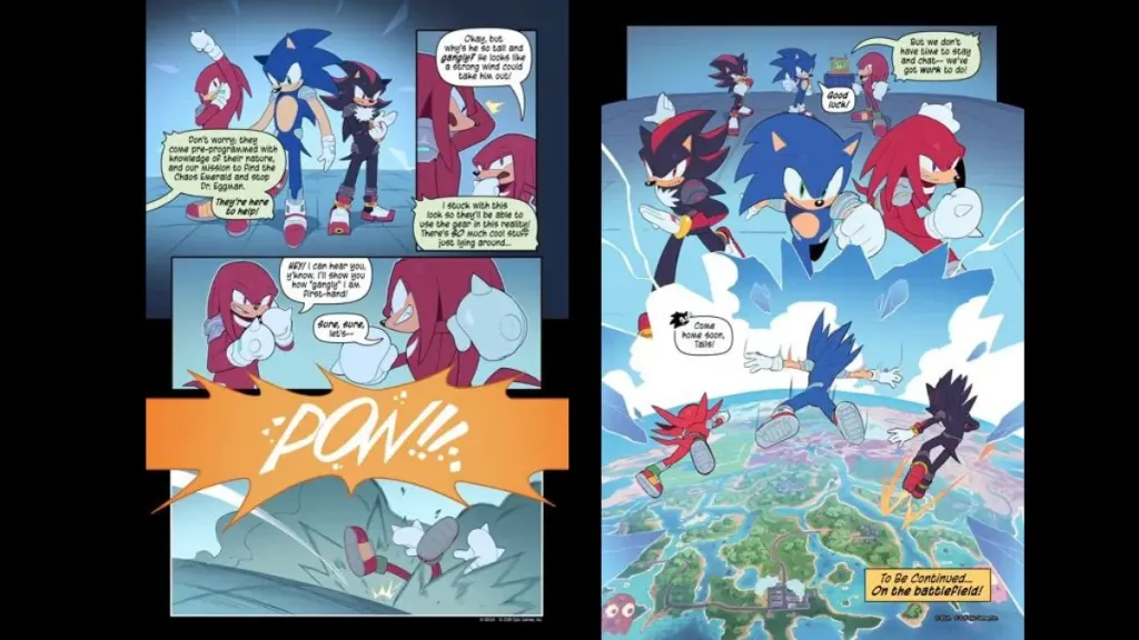Mappa delle skin del crossover Fortnite Sonic mostrata nel comic