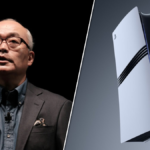 Sony CEO Hiroki Totoki (left), image of a PlayStation 5 Pro on a grey background (right).
