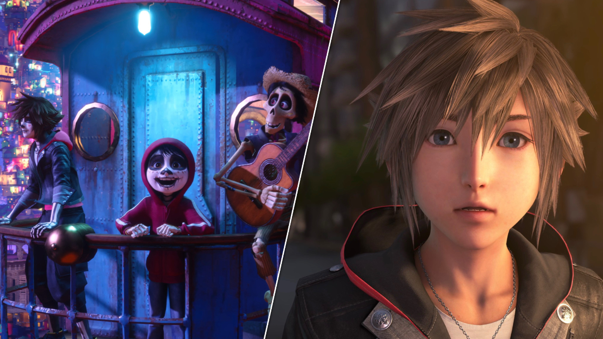 Kingdom Hearts 4 screenshot featuring Sora and Miguel at the Day of the Dead festival (left), Sora (right).
