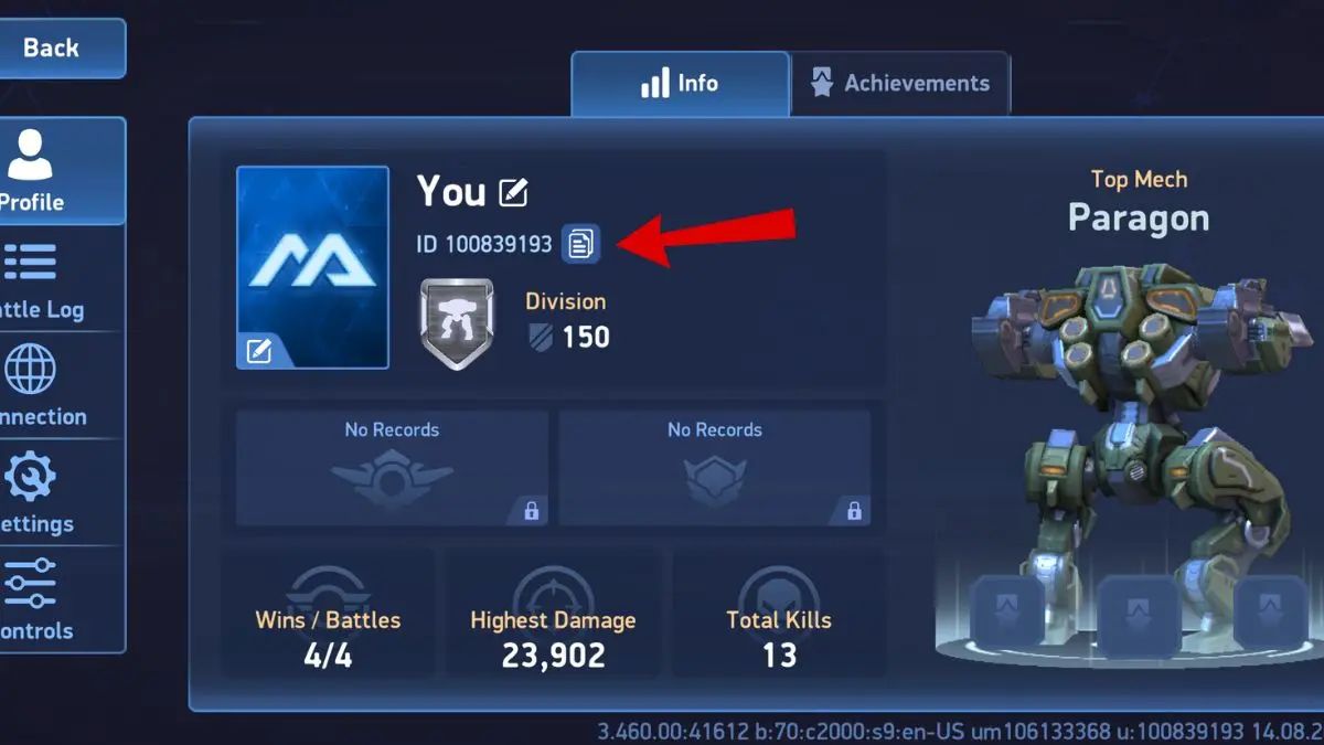Indicazione dell’ID giocatore in Mech Arena