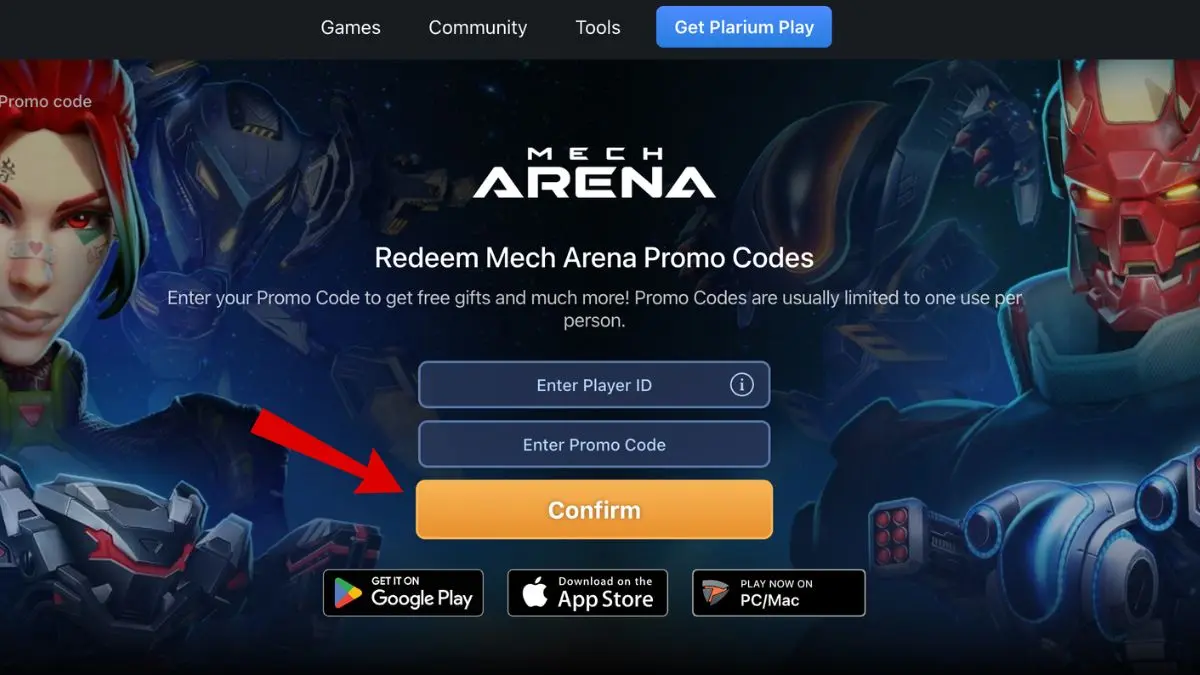 Pagina web di riscossione dei codici Mech Arena