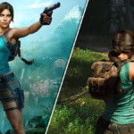 Tomb Raider: Legacy of Atlantis cover image with Lara Croft posing with her dual pistols (left), in-game screenshot with Lara using her dual pistols to fight velociraptors (right).