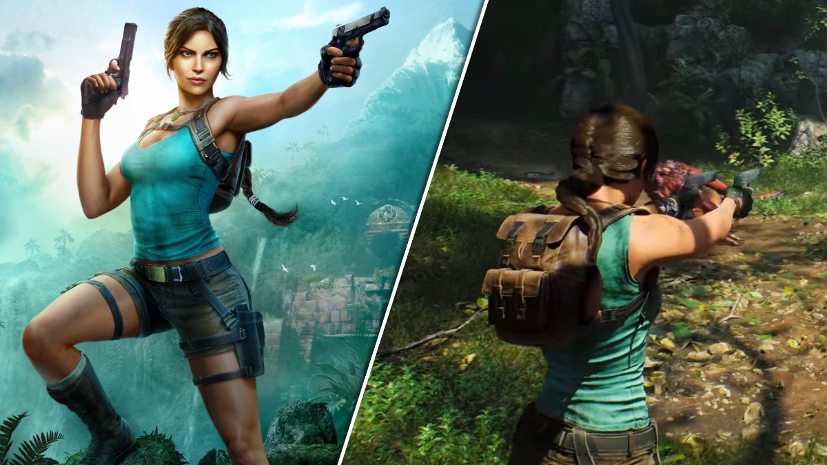Tomb Raider: Legacy of Atlantis cover image with Lara Croft posing with her dual pistols (left), in-game screenshot with Lara using her dual pistols to fight velociraptors (right).