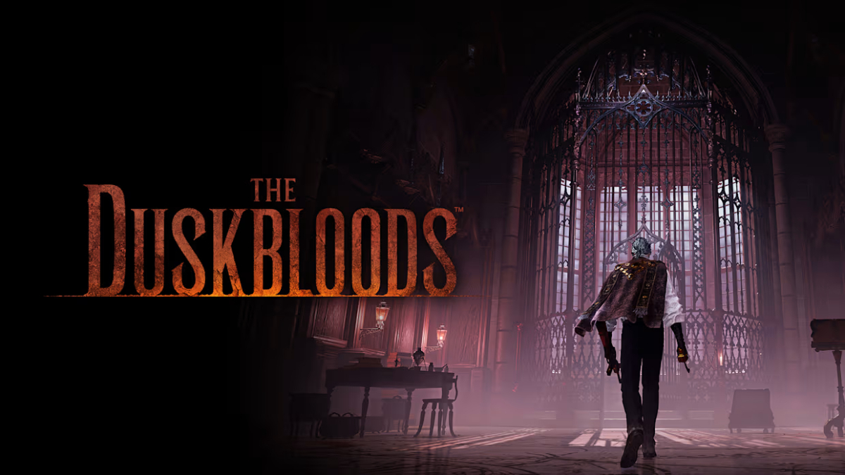 The Duskbloods promo image featuring the promotional character walking inside a cathedral.