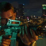 Jason firing an AR in Vice City in a GTA 6 screenshot.