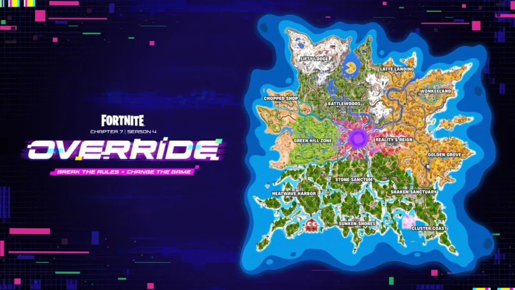 Mappa di Fortnite con le modifiche Override della stagione 4