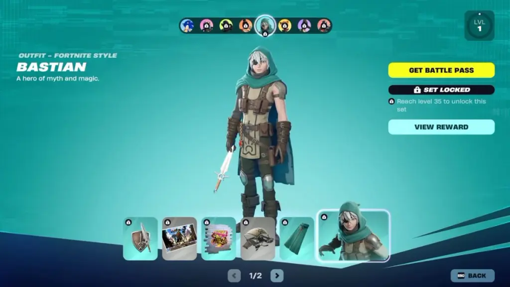 Set Bastian con outfit e arma