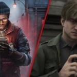 Silent Hill: Townfall cover image featuring Simon Ordell with the CRTV (left)/ Silent Hill 2 remake screenshot featuring James Sunderland with the pocket radio.