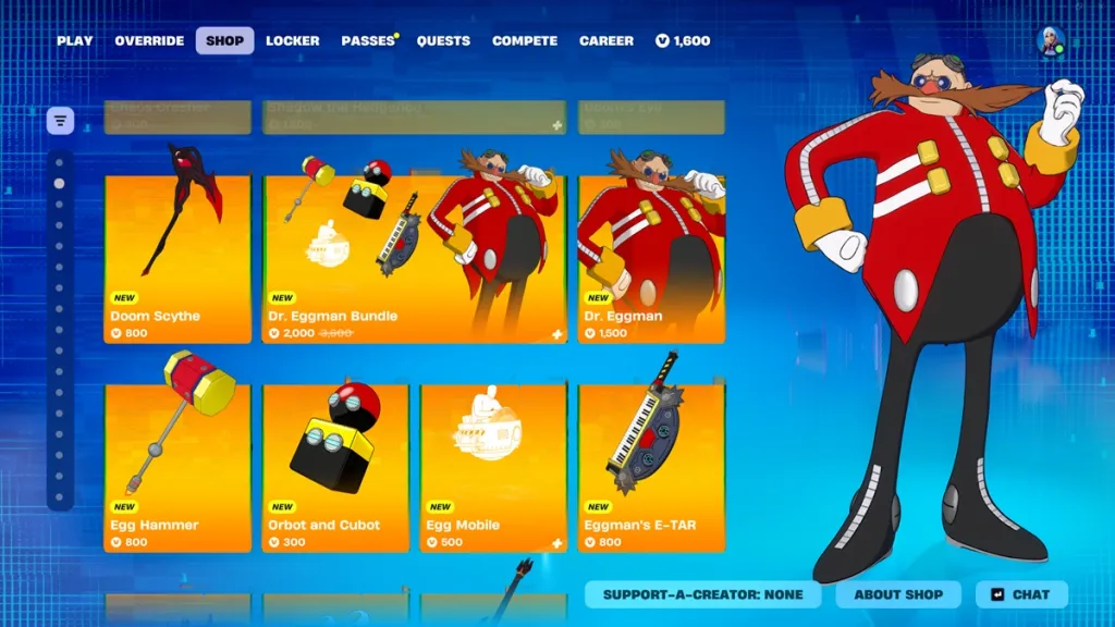 Skin Dr. Eggman mostrata nell'Item Shop di Fortnite