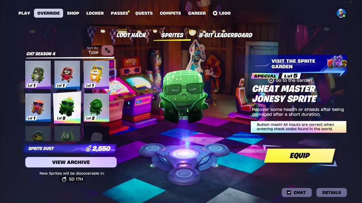 Vista delle Cheat Master Sprite nella lobby di Fortnite