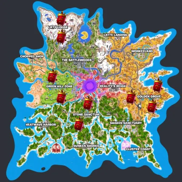Mappa di Fortnite con le aree di spawn della Crown Sprite