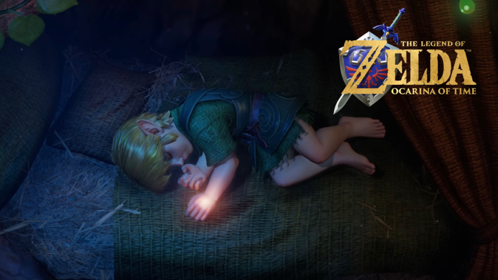 The Legend of Zelda: Ocarina of Time remake teaser screenshot featuring Link sleeping with the logo at the top-right corner.