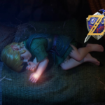 The Legend of Zelda: Ocarina of Time remake teaser screenshot featuring Link sleeping with the logo at the top-right corner.
