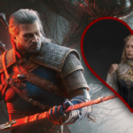 The Witcher 3: Songs of the Past DLC keyart with Geralt along with Lilla in a heart-shaped frame.