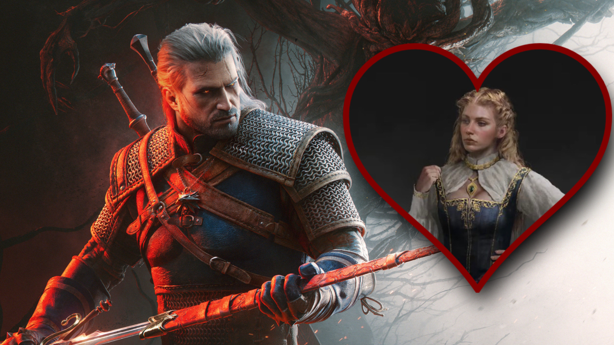 The Witcher 3: Songs of the Past DLC keyart with Geralt along with Lilla in a heart-shaped frame.