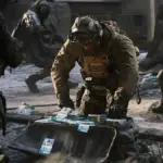 Soldier opening a bag full of money