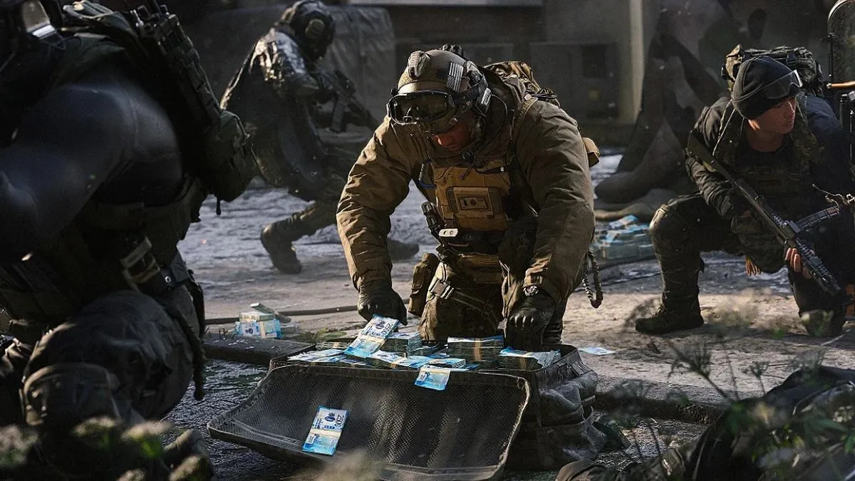 Soldier opening a bag full of money