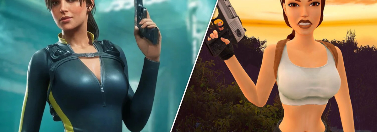 Tomb Raider: Legacy of Atlantis screenshot featuring Lara with a gun (left), Tomb Raider 3 Remastered screenshot with Lara in a tank-top holding a pistol.