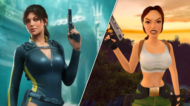 Tomb Raider: Legacy of Atlantis screenshot featuring Lara with a gun (left), Tomb Raider 3 Remastered screenshot with Lara in a tank-top holding a pistol.
