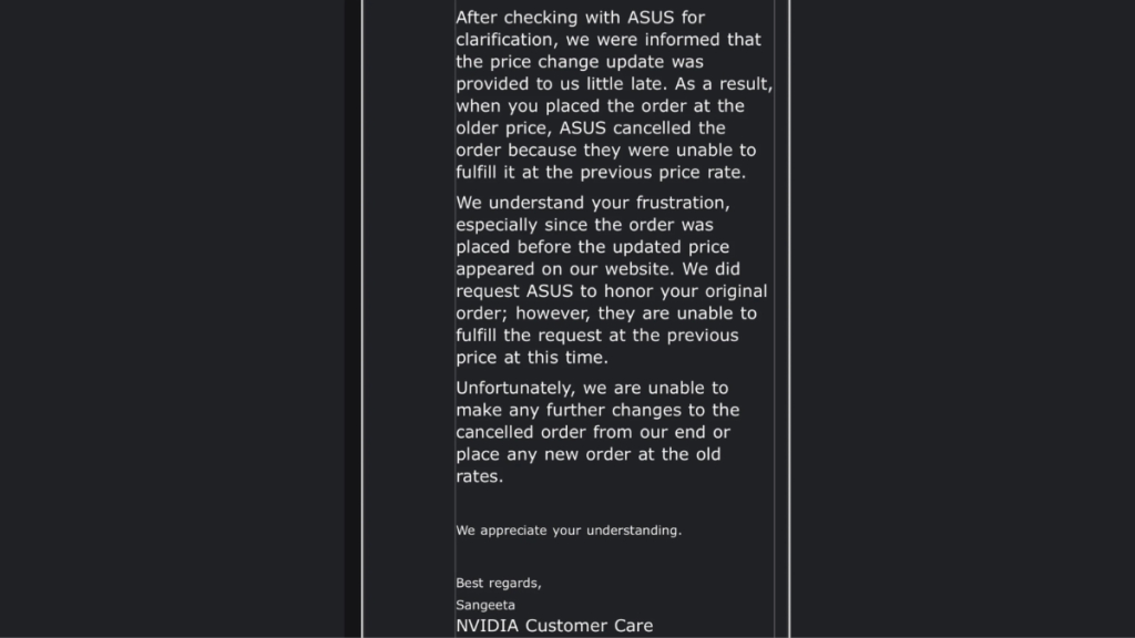 Risposta del supporto clienti Nvidia alla cancellazione dell'ordine RTX 5090