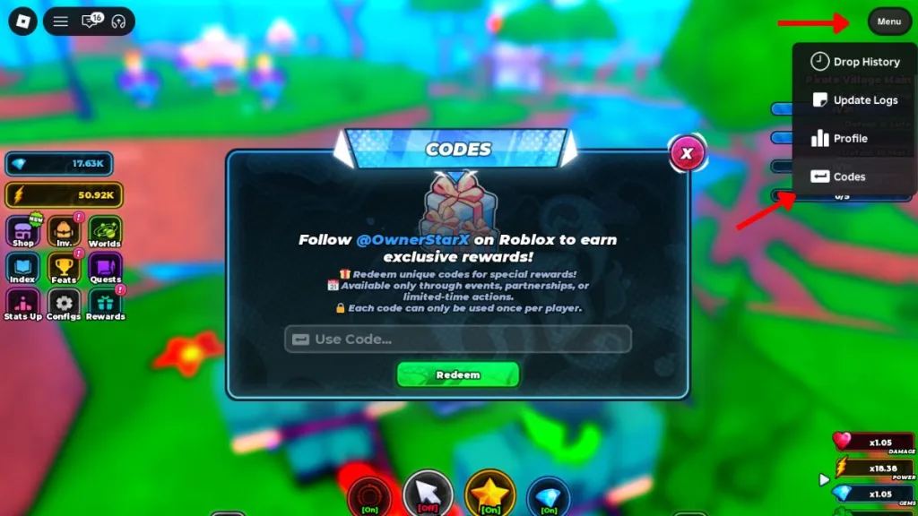 Schermata di riscossione dei codici in Anime Capture su Roblox