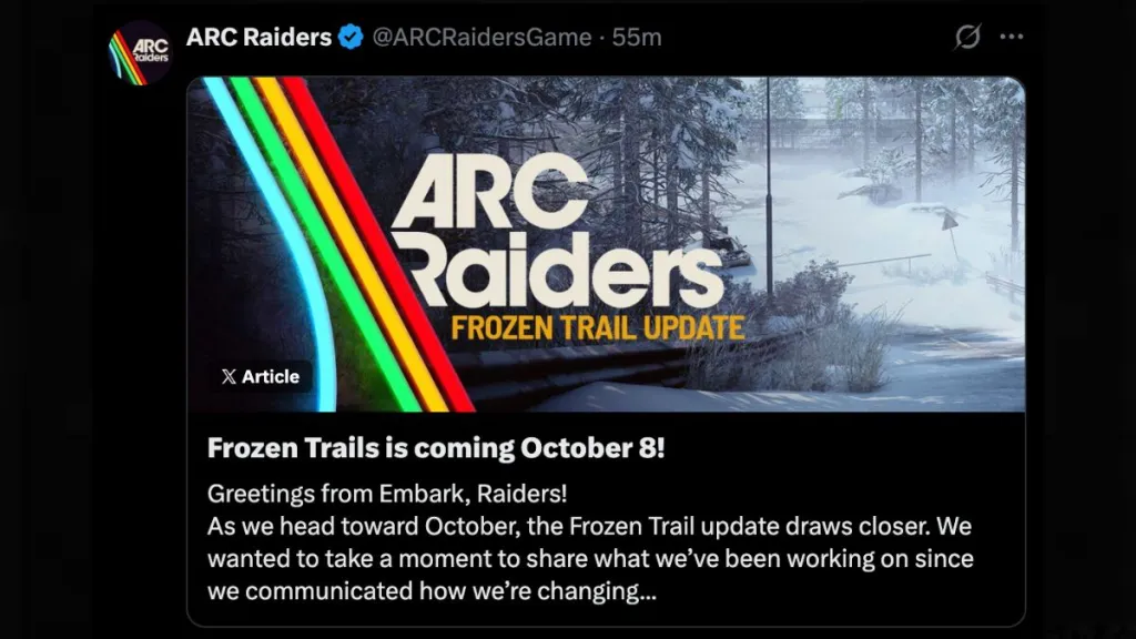 Data di rilascio dell'aggiornamento Frozen Trail di Arc Raiders