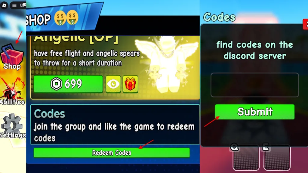 Schermata di riscatto dei codici in Choose An Ability su Roblox