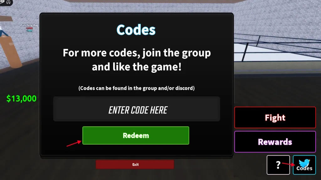 Schermata di riscossione dei codici in Coach a Fighter su Roblox