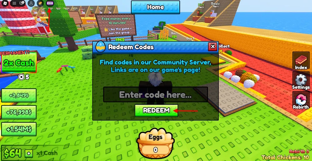Schermata di come riscattare i codici in Chicken Farm su Roblox