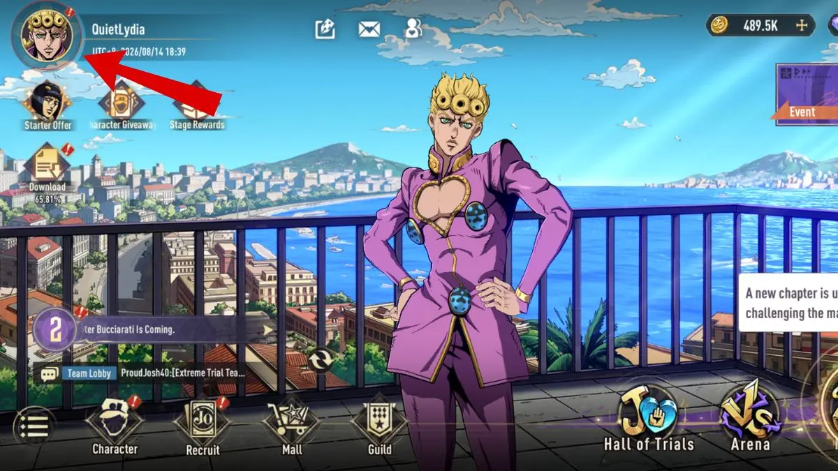 Selezione del profilo nell'app JoJo's Bizarre Adventure Golden Spirit