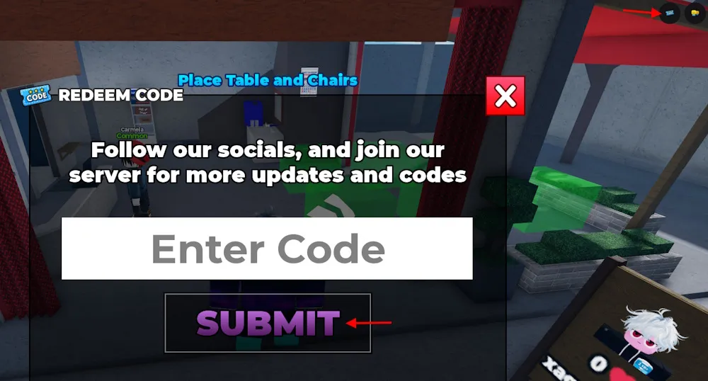 Schermata di inserimento dei codici Karinderya su Roblox